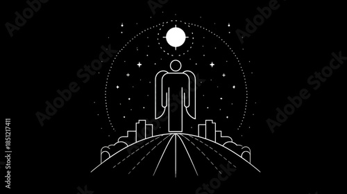 Minimalist celestial figure overlooking an urban landscape under a cosmic starry sky. Geometric line art illustration.
