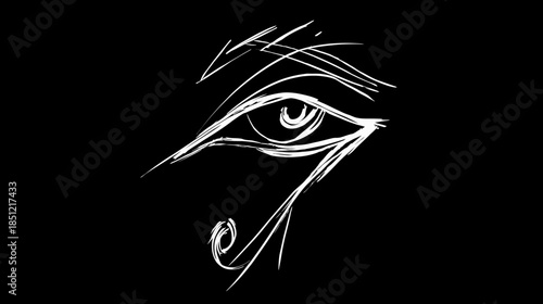 Mystical White Line Art Stylized Eye Illustration on Black Background. Hand-Drawn Esoteric Symbol Sketch. Artistic Design.