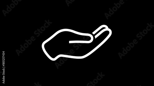 Minimalist outline icon of an open hand with palm up on a black background, symbolizing giving, receiving, offering, or help.
