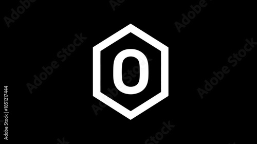 White Number Zero Inside Hexagonal Outline on Black Background - Minimalist Geometric Digital Art Icon