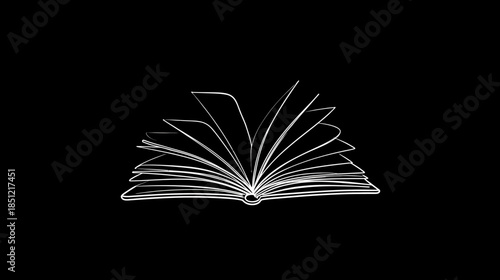 Minimalist Open Book Illustration with Glowing White Lines on Black Background - Concept of Knowledge and Education