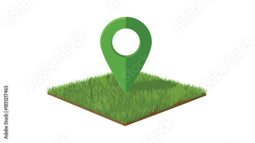 Green location pin icon prominently placed on a square patch of lush green grass, representing a natural spot on a map or an outdoor location.