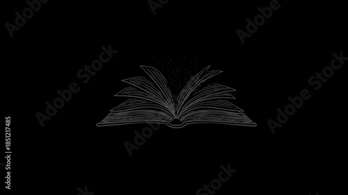 Minimalist open book sketch on black. Hand-drawn illustration symbolizing knowledge, education, learning, wisdom, and storytelling concept.