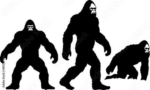 Bigfoot Sasquatch Silhouette Walking Standing Poses Vector