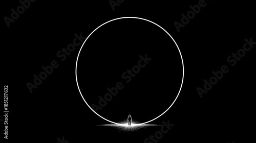 Abstract glowing white light circle rising from bright energy source on dark background, futuristic technology concept