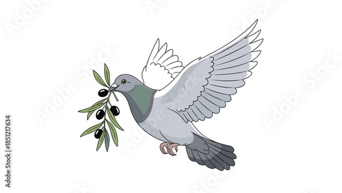 Realistic illustration of a pigeon in flight, carrying an olive branch with black olives in its beak, symbolizing peace and nature.