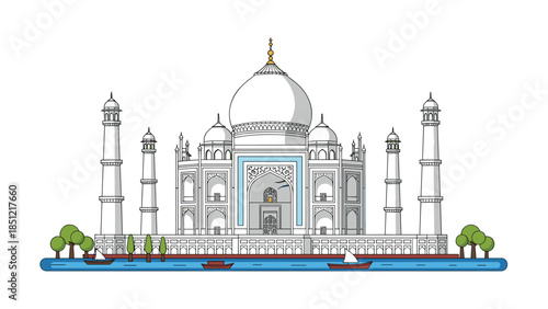 Illustration of the iconic Taj Mahal, a magnificent white marble mausoleum in Agra, India, situated gracefully by a river with boats and trees.