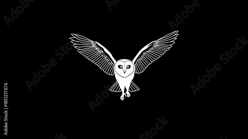 Majestic barn owl in silent flight with spread wings against a stark black background, minimalist white illustration.