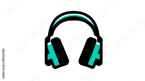 Stylized black and turquoise over-ear headphones icon on white background for music, audio, and sound technology design