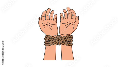 Pair of hands with wrists securely tied together by a thick rope, symbolizing captivity, restraint, human rights issues, or being bound.