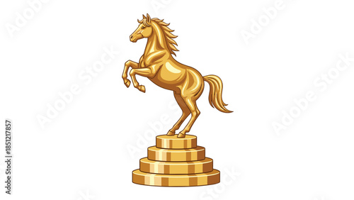 Magnificent golden horse statue rearing on its hind legs, proudly mounted on a tiered pedestal, representing strength, nobility, and victory.