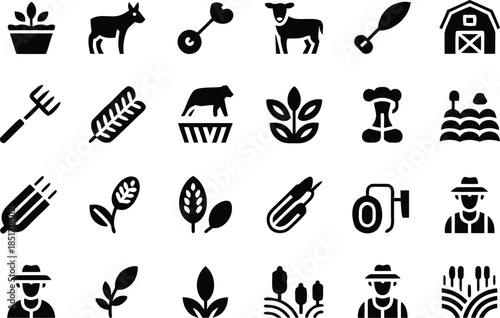 A collection of diverse farming and agricultural icons depicting livestock crops tools and rural elements in a minimalist style