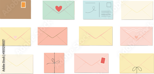 Flat vector illustration set of colorful envelopes postcards and romantic letters with heart symbols and stamps for mail delivery and greeting designs.