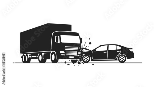 Black and white illustration depicting a severe head-on collision between a large semi-truck and a passenger car, symbolizing a traffic accident.