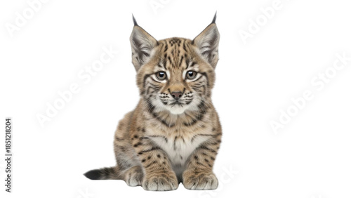 Young Eurasian Lynx cub sitting, looking forward with spotted coat pattern isolated PNG with Transparent Background