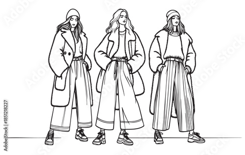 Hand drawn winter, fashion sketch, girl.  illustration