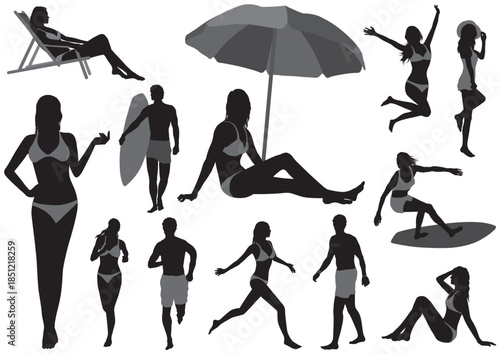 Silhouettes of people enjoying time on the beach, walking, relaxing, and playing by the sea, representing summer vacation, coastal lifestyle, freedom, and leisure.