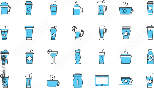 Collection of various drink illustrations in blue cups and glasses