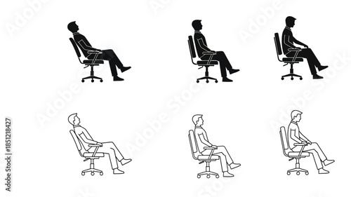 Silhouettes of people sitting in office chairs depicted in varying detail
