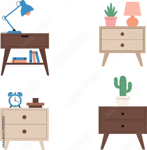 Modern wooden bedside table vector set featuring nightstands with desk lamps alarm clocks and potted succulent plants for bedroom interior furniture designs.