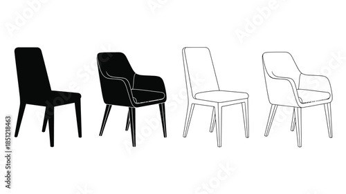 Four chairs depicted in black and white line drawing style