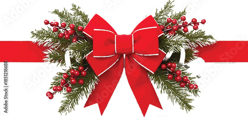 Christmas Decoration Red Bow with Holly Berries and Pine