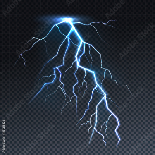 Powerful blue lightning bolt striking downward, isolated on dark background, symbolizing electricity, energy, storm power, and dramatic natural force.
