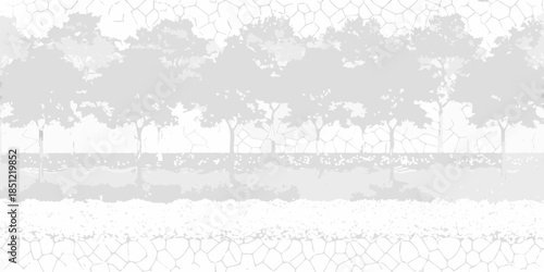 Silhouetted trees and landscape viewed through a wire fence backdrop