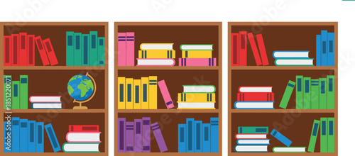 Flat vector illustration of wooden library bookshelves filled with colorful books a globe and stationery for education school and home study designs.