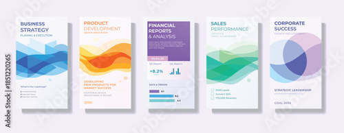 Corporate business infographic and report cover layout set featuring strategy planning, product development, financial analysis and sales performance visuals designed for professional presentations