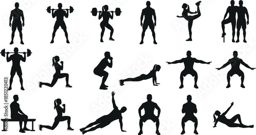 Collection of fitness silhouettes featuring men and women weightlifting, squatting, lunging, and performing yoga poses for gym branding, workout apps, and sports icons
