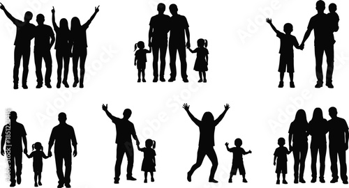 Happy family silhouettes featuring parents and children holding hands, walking together, and celebrating for community branding, social groups, and parenting website design elements