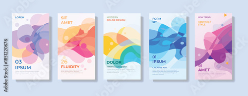 Creative abstract poster layout set with colorful fluid shapes and soft overlapping forms designed for artistic covers, modern branding visuals, presentations and contemporary graphic design projects