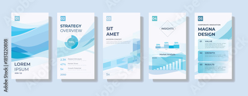 Business performance presentation template set featuring strategic overview slides, data visualization charts and clean blue wave layouts designed for corporate reporting and executive communication