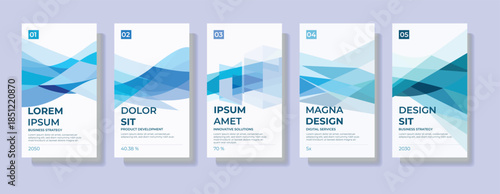 Professional business poster layout set with blue and teal geometric wave shapes and clean structured design created for corporate presentations, reports, brochures and modern branding materials