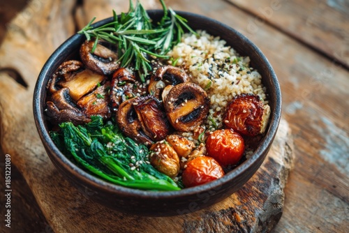 Healthy high protein vegan plant based lunch bowl with fresh vegetables and grains served in a rustic wooden bowl on a natural wood table during midday meal