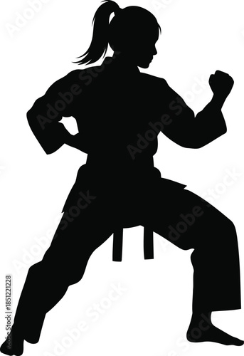 A powerful female martial artist in a dynamic karate stance, depicted as a bold black silhouette