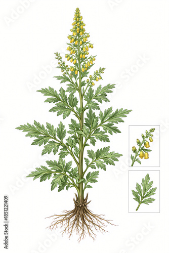 Medicinal Plant Illustration with Roots and Botanical Details