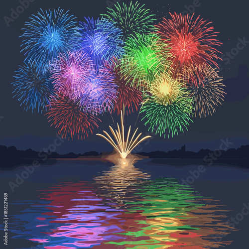 A spectacular display of colorful fireworks illuminating the night sky over a calm body of water, with reflections of the vibrant lights shimmering on the surface.