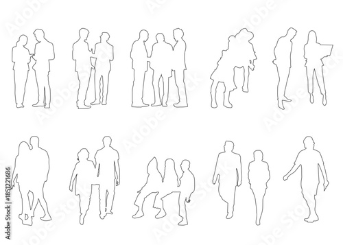 Set of 12 people silhouettes - line art figures walking, standing, and social interaction