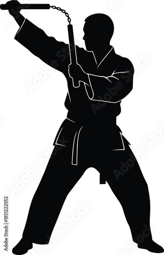 Dynamic martial artist silhouette wielding nunchaku in a powerful combat stance