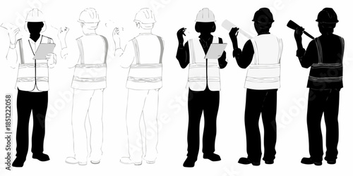 Construction workers in safety vests communicating and inspecting plans on site