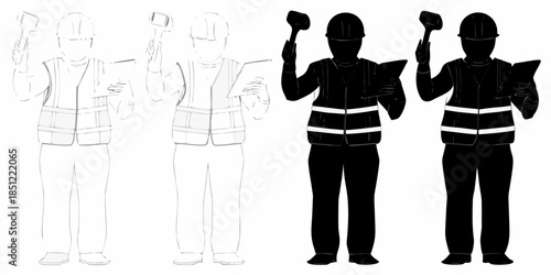 Construction workers in various shades with safety vests and helmets shown