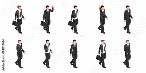 Isometric illustration of businessmen walking in different poses with briefcases