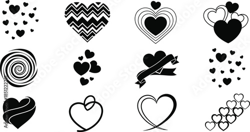 set of black and white heart icons