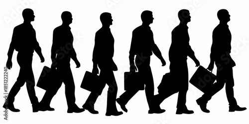 Silhouettes of businessmen walking with briefcases in a linear arrangement