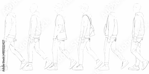 Sketch of a man in various poses showing a full body fashion design