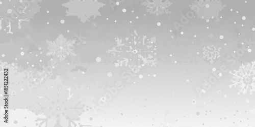 A grayscale background featuring a gentle snowfall of delicate snowflakes
