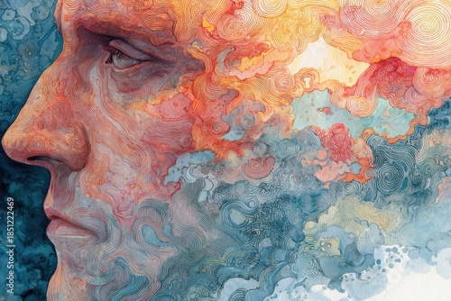 Human head in a spiritual abstract design featuring watercolor techniques highlighting the mind's nature and emotions