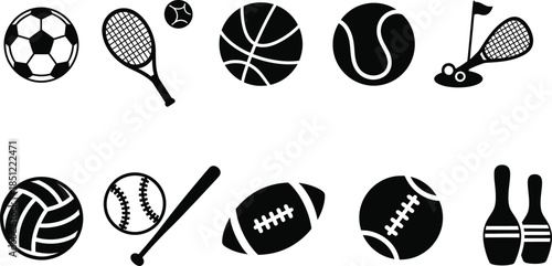 black and white icons of sports ball silhouette